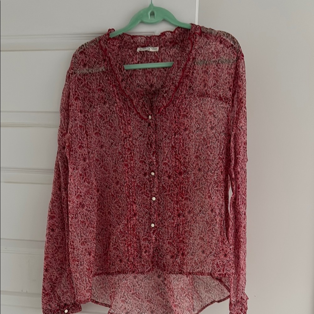 Red Asymmetrical Long Sleeve Buttoned Blouse